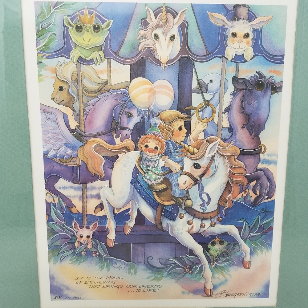 Jody Bergsma Limited Edition Lithograph Fantasy Elf Carousel, 12x16